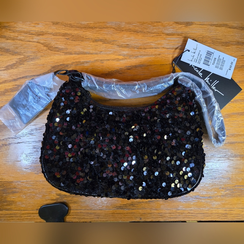 NWT Nicole Miller Black Sequin Shoulder Bag
